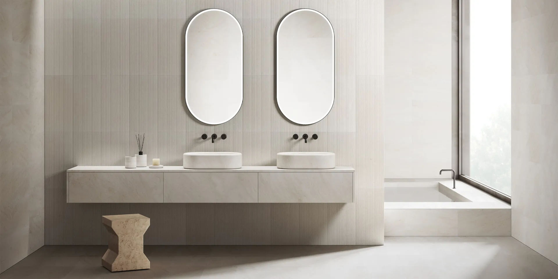 Salvatori Balnea dubbele afgeronde wastafel in Crema d'Orcia natuursteen met verschillende steenafwerkingen beige badkamer